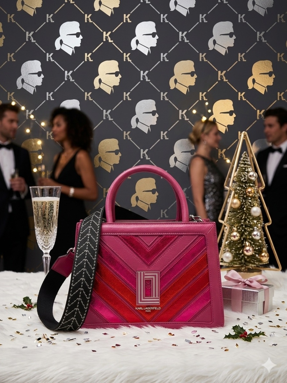 Karl Lagerfeld Paris Simone Leather Satchel Bag Pink Chevron
